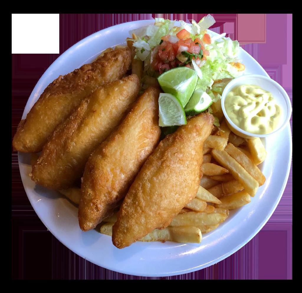 Fish & Chips · Served with Lettuce, Pico de Gallo, Lime, Tartar Sauce Served with fries.