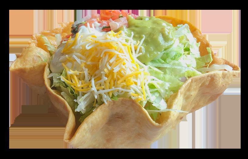 Taco Salad · IN A BOWL OR SHELL, CHOICE OF MEAT, RICE, BEANS, LETTUCE, PICO DE GALLO, SOUR CREAM, GUACAMOLE AND CHEESE