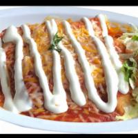 Cheese Enchiladas · Includes cheese, homemade enchilada sauce, sour cream, side of pico de gallo & lettuce.