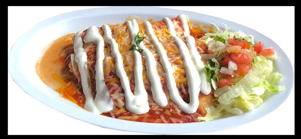 Carnitas Enchiladas · Includes cheese, homemade enchilada sauce, sour cream, side of pico de gallo & lettuce.