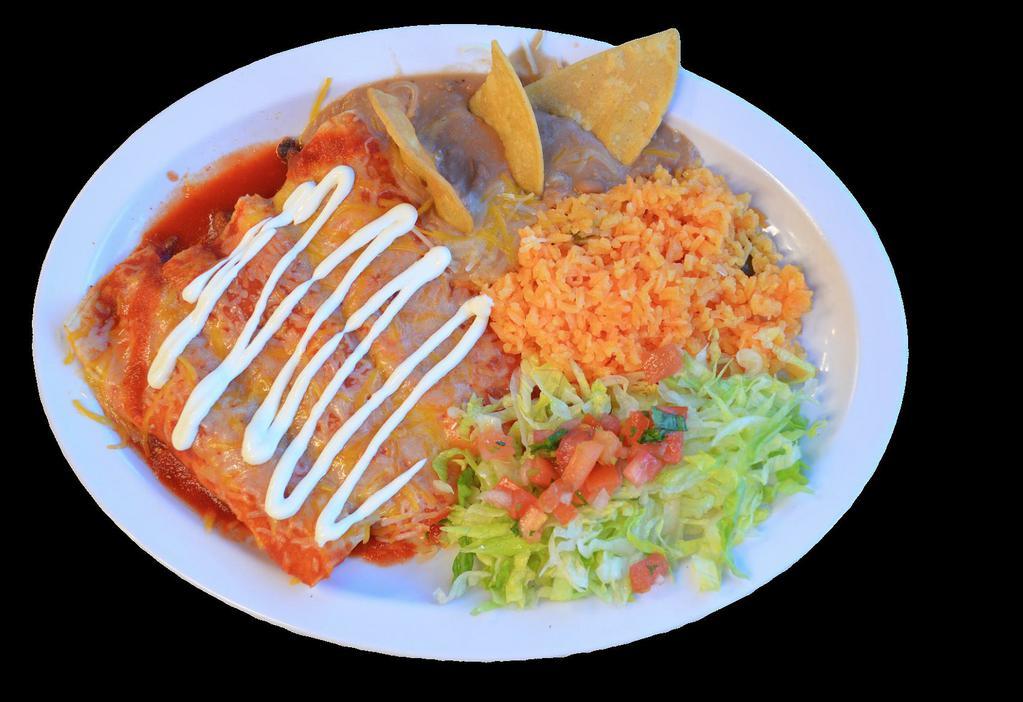Enchilada Combo · Three enchiladas with your choice of meat ,cheese topped with enchilada sauce cheese and sour cream, serve with rice, refried beans garnished with cheese and tortilla chips, lettuce and pico de gallo