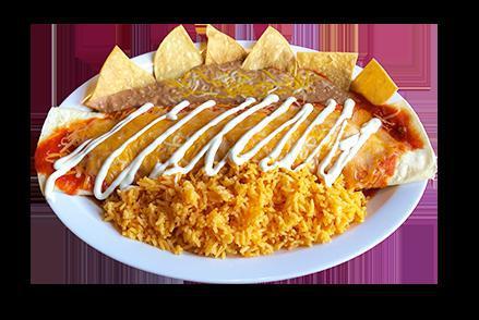 Enchilada Burrito Combo · Rice, beans, choice of meat , enchilada sauce, cheese, topped with enchilada sauce, cheese, sour cream and with tortilla chips on the side, serve with rice, refried beans garnished with cheese and tortilla chips