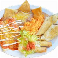 Fiesta Plate · CHOICE OF MEAT, Two roll tacos (only chicken), two enchiladas, one quesadilla , served with ...