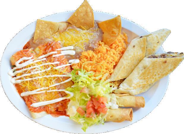 Fiesta Plate · CHOICE OF MEAT, Two roll tacos (only chicken), two enchiladas, one quesadilla , served with rice, beans topped with cheese and chips, lettuce, guacamole, sour cream and pico de gallo on the side)