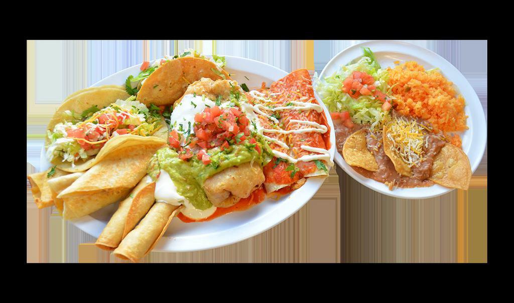 California Sampler · Choice of 2 Meats ,One chimichanga, two roll tacos, rolled quesadilla, two enchiladas, one hard supreme taco, one soft supreme taco, served with rice, beans topped with cheese and chips, lettuce, guacamole, sour cream and pico de gallo on the side