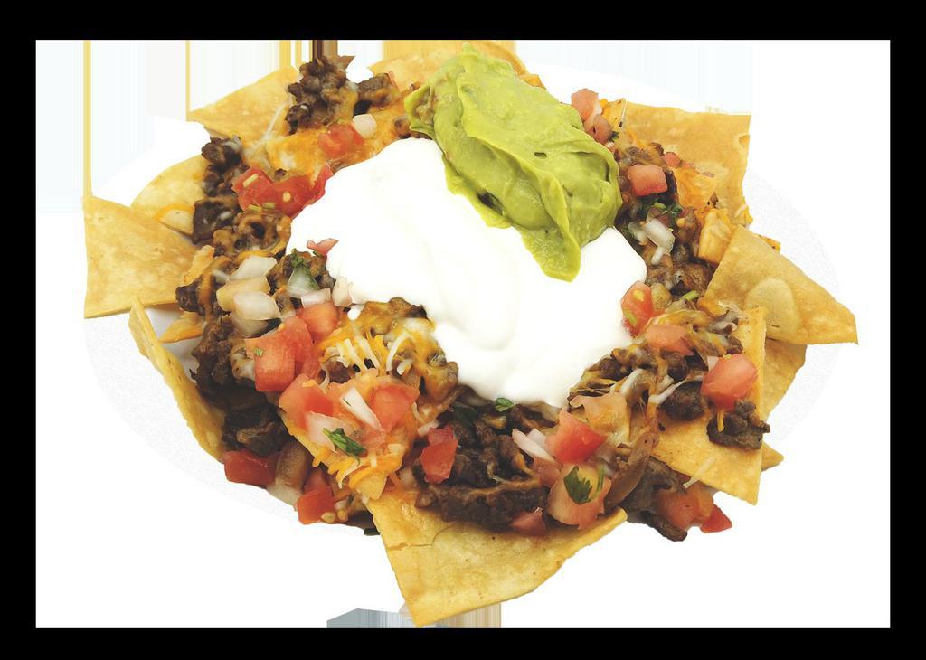Mix Nachos with 2 Meats · CHOICE OF 2 MEATS, BEANS, CHEESE, PICODE GALLO, SOUR CREAM AND GUACAMOLE