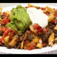 Mix Nacho Fries with 2 Meats · Served with fries, Choice of 2 meats, cheese, pico de Gallo, sour cream and guacamole