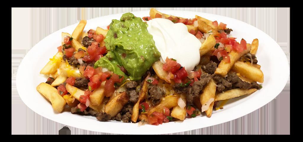 Nacho Fries · Served with fries, Choice of meat, cheese, pico de Gallo, sour cream and guacamole