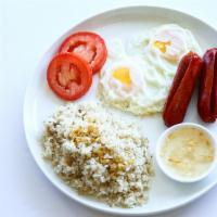 Longsilog · Longanisa (Filipino sausage) served with garlic fried rice and eggs.