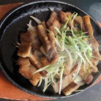Pork Belly · Pork belly, seasoned scallion with bowl of rice.