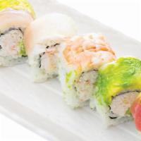 Rainbow Roll-raw fish · Crabmeat, avocado, and cucumber inside. Tuna, fresh salmon, yellowtail, and shrimp on top.