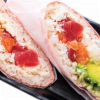 Sushi Burrito-raw fish · Tuna, salmon, crab, avocado, rice and soy paper with eel, spicy mayo on the side.