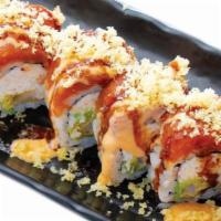 Fire roll-spicy & raw fish · Fried shrimp,crab meat,avocado topped with s.tuna,tempura flakes,eel sauce,and spciy mayo