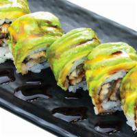 Green dragon roll-cooked · fried shrimp, crabmeat, avocado top with sliced avocado & eel sauce