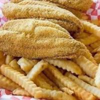 Fish Sandwich · Served with fries.