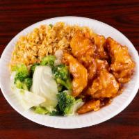 Combo A · Meat: Orange Chicken
Side: Fired Rice or Lo Mein
And Mix Veg