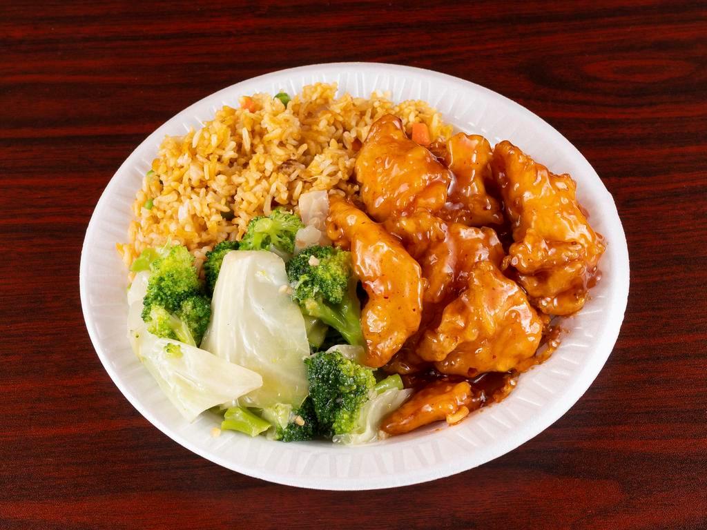 Combo A · Meat: Orange Chicken
Side: Fired Rice or Lo Mein
And Mix Veg