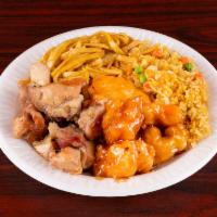 Combo B · Meat: Orange Chicken and Bourbon Chicken
Side: Fired Rice , Lo Mein or Mix Veg