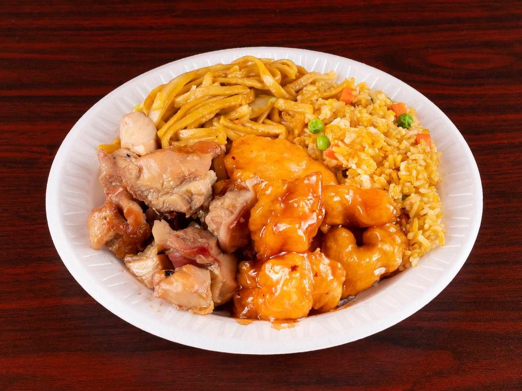 Combo B · Meat: Orange Chicken and Bourbon Chicken
Side: Fired Rice , Lo Mein or Mix Veg