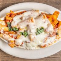 Rylee's Baked Rigatoni with Meat Sauce · Rigatoni pasta with meat sauce, mozzarella cheese and oven baked. Served with small house sa...