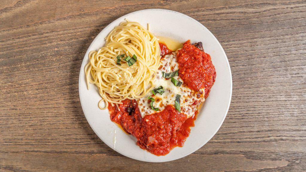 Hank's Chicken Parmigiana · Boneless chicken breast breaded and fried, topped with marinara sauce, oven baked with mozzarella cheese. Served with a side of pasta and a small house salad.