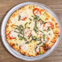 Margherita Pizza · Extra virgin olive oil, fresh garlic, fresh basil, sliced Roma tomatoes, mozzarella cheese a...