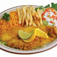 Filete Empanizado · Breaded fish fillet. Served with rice, fries and a side salad.