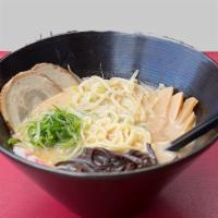 Miso Ramen · Pork soy bean broth, chashu pork belly, fish cakes, green onion, mushroom, cabbage, bean spr...