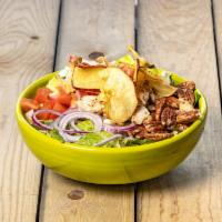 Fuji Apple Chicken Salad · Romaine lettuce, antibiotic-free chicken, tomatoes, red onions, pecans, Gorgonzola, apple ch...