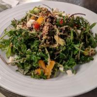 Kale y Quinoa Salad · Quinoa, kale, tomato, mango, avocado, black bean, corn, chayote, queso fresco, serrano, and ...