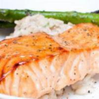 Pan Seared Salmon · 6 oz. salmon filet, chive aioli sauce and choice of 2 sides.