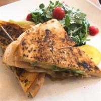 The California Sandwich · Sliced turkey breast, Ortega chilies, mozzarella cheese, mushrooms and avocado on grilled ga...