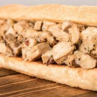 Vegetarian Chicken Cheese Steak Sub · Vegetarian chicken is the star and it's supporting cast is provolone cheese, lettuce, tomato...