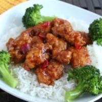 General Tao Chicken · Deep-fried with sweet and spicy sauce.