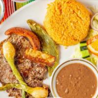 Carne Asada Fuertes · Arroz, frijoles, ensalada, nopales, queso, chorizo. Steak, rice, beans, captus, chorizo, and...