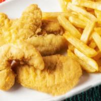 Chicken Fingers w/ French Fries · Crispy fried chicken fingers with French fries! Pollo frito acompanado con papas fritas. 