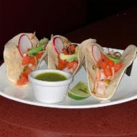 TACOS SHRIMP · corn tortilla with sauted shrimp/beef lettuce sour cream cilantro and lime