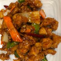 53. General Chicken · Crispy breaded chicken with broccoli, bell peppers, onion and pineapple glazed with a spicy ...