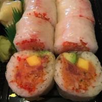 Hawaii Maki · Spicy tuna wrapped with avocado, mango in rice paper. 