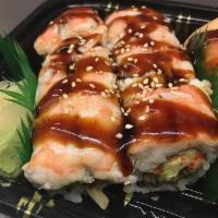 Scorpion Maki · Grilled eel, cucumber, avocado and tobiko wrapped with shrimp