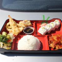 #26. Chicken Cutlet Box Special · Served with (1) Shrimp tempura, (5) vegetable tempura, (5) California roll, steamed rice and...