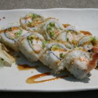 #52. Crunch Roll · IN: Shrimp Tempura, imitation crab meat, cucumber and avocado.
OUT: Crunch