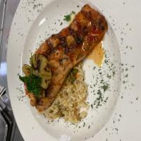 Grilled Salmon · Over rice with an option of Honey Lemon or Thai Sauce