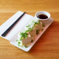 Cold Tofu · Tofu, scallion, bonito flake, hide-chan dashi soy sauce, ginger paste on the side.