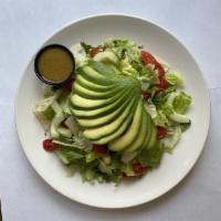 Avocado Salad · Avocado, cucumbers, tomato, Romaine and iceberg lettuces, cilantro and scallions with your c...