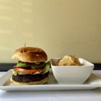 Mexi-Burger Deluxe · 8oz Burger, toasted bun, chipotle mayo, pickled jalapenos, lettuce, tomato, red onions, and ...