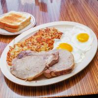 2 Eggs with Pork Chops Breakfast · Served with hash browns, white or whole-wheat toast.