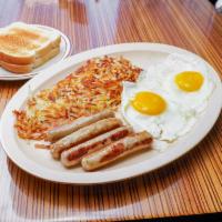 2 Eggs with Sausage Breakfast · Served with hash browns, white or whole-wheat toast.