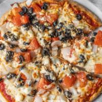 Greek Pie · Feta cheese, tomatoes, red onions and black olives.