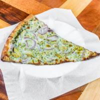 Gourmet Pesto Pizza Slice · Pesto pizza with grilled chicken and red onions.